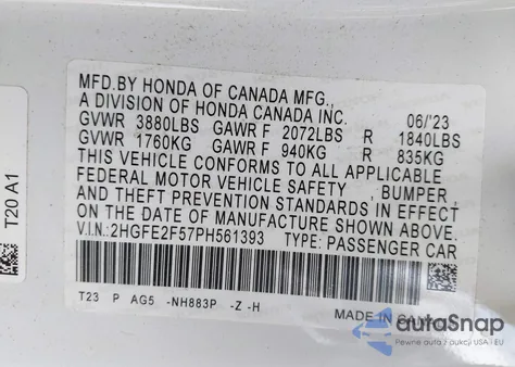 2023 Honda Civic Sport из США, поврежденный, VIN 2HGFE2F57PH561393